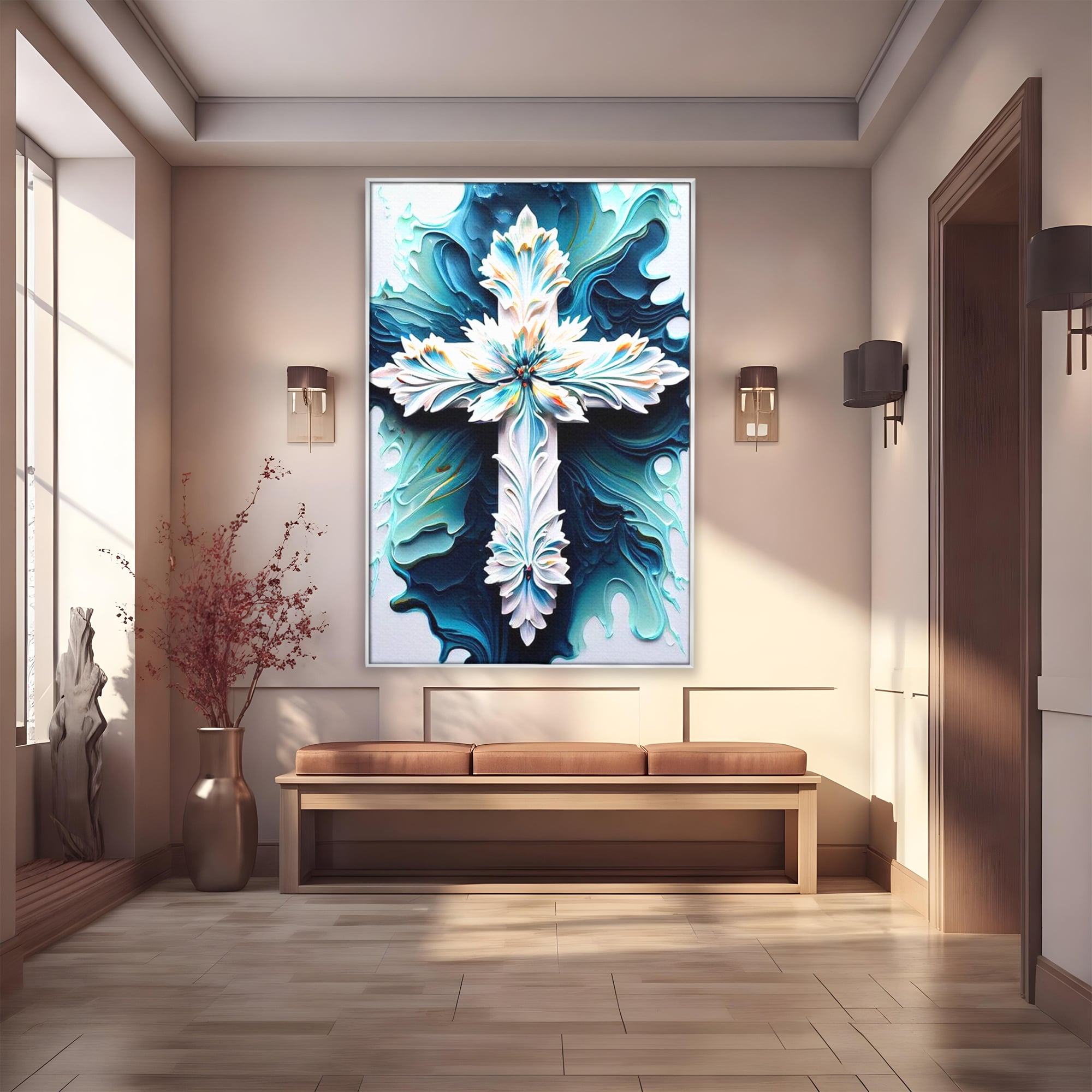 Tablou canvas cu tablou canvas cu o cruce florala, in rama de aluminiu argintiu